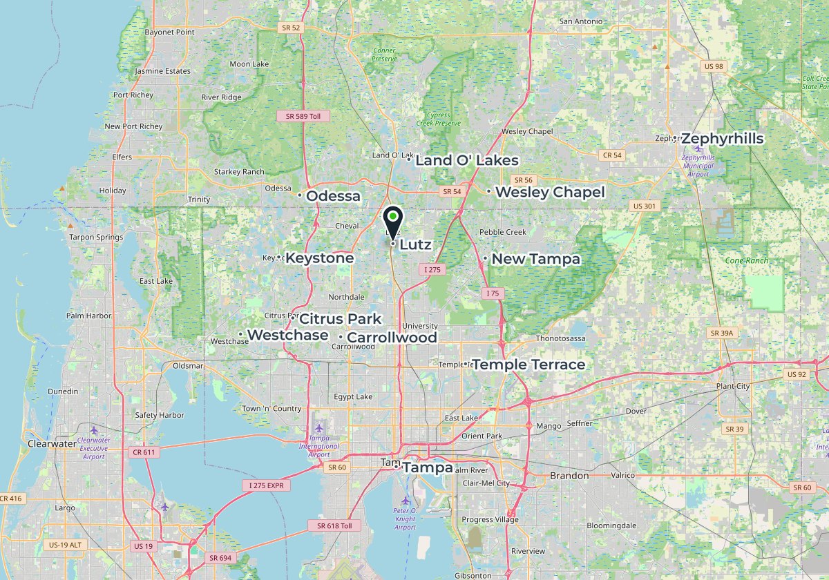 Map of the Express Air Duct Cleaning service area around Lutz, FL